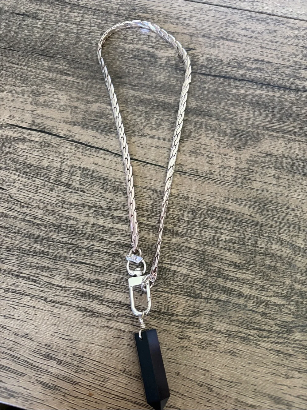 Silver  Lanyard Necklace with Black Pendant